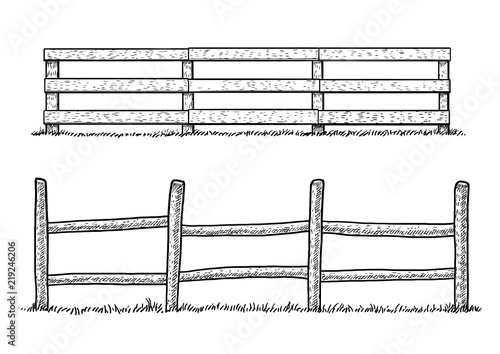 Wooden fence illustration, drawing, engraving, ink, line art, vector