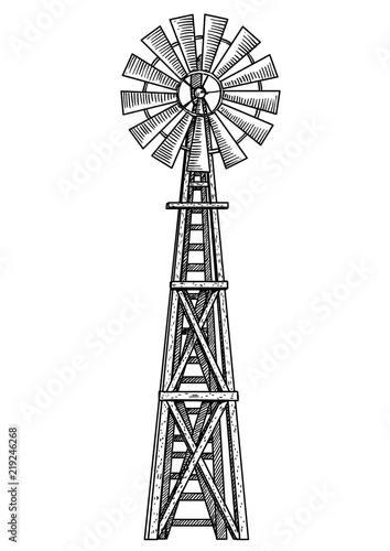 Windmill illustration, drawing, engraving, ink, line art, vector