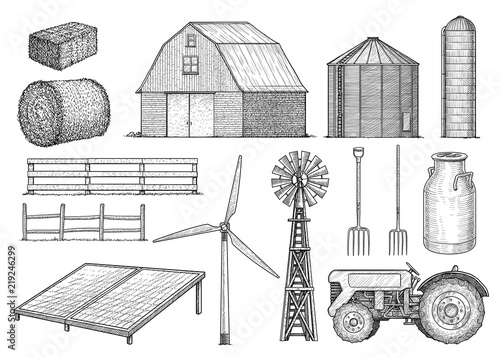 Farm, countryside, rural object collection, illustration, drawing, engraving, ink, line art, vector 