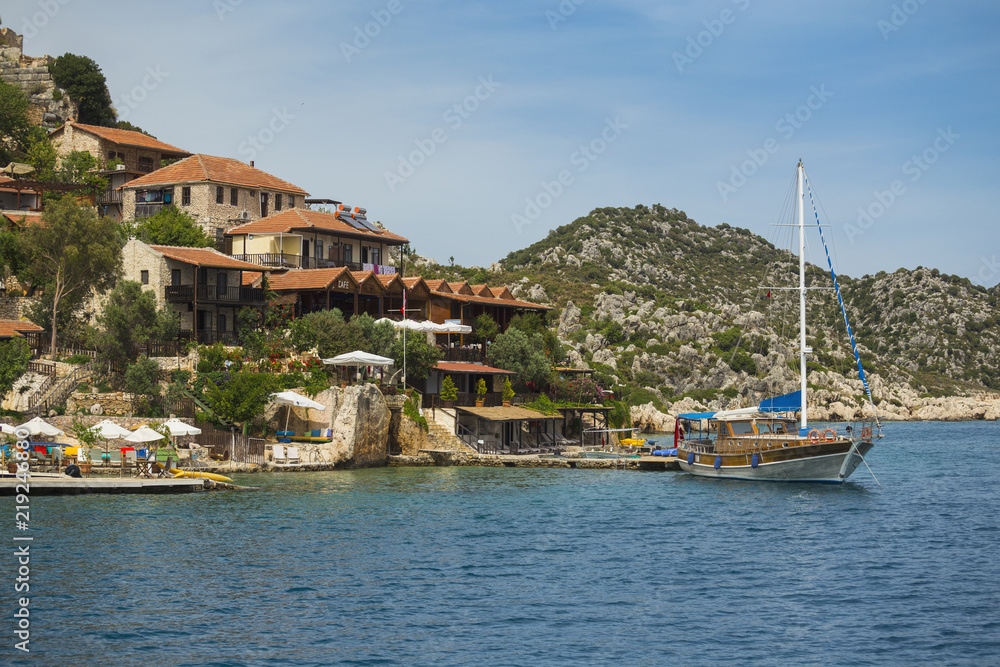 Beautiful panoramic view on island Kekova and the castle Simena on top of hill