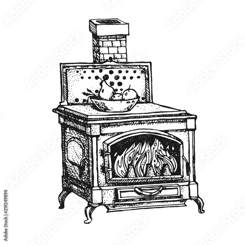 Ancient oven. Old stove. Ink graphic hand drawn illustration. Atmospheric vintage style furnace.
