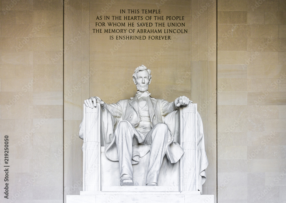 Washington, D.C. Front view of the statue of Abraham Lincoln, 16th President of the United States, at Lincoln Memorial, an American national monument