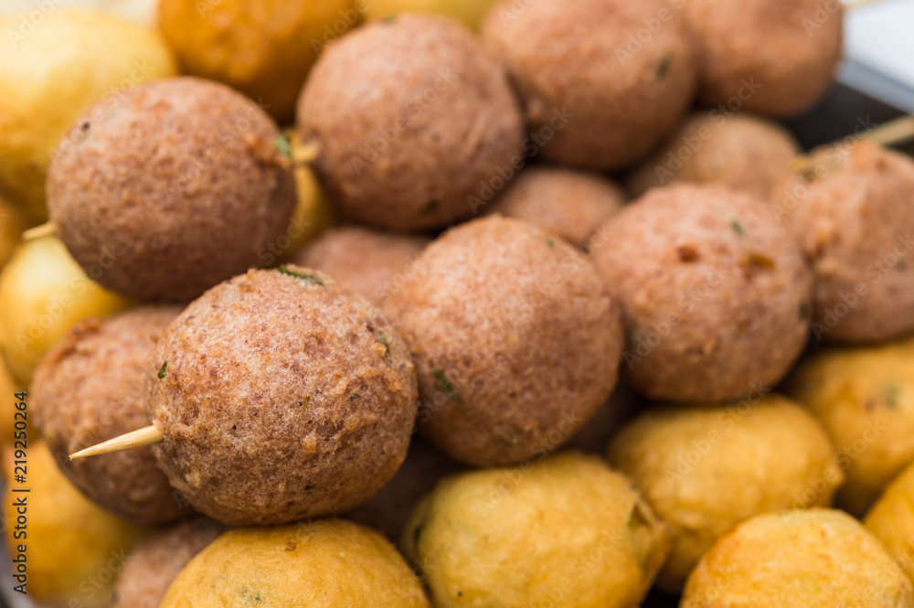 Fried balls with lamb meat, traditional arab and middle east food and cuisine at a street food market Fried balls with lamb meat, traditional arab and middle east food and cuisine at a street food market