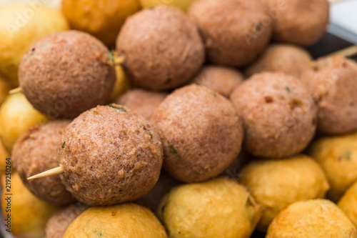 Fried balls with lamb meat, traditional arab and middle east food and cuisine at a street food market