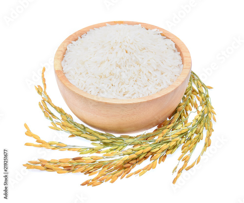 rice plants, grains of Thai jasmine rice in wood bowl on white background