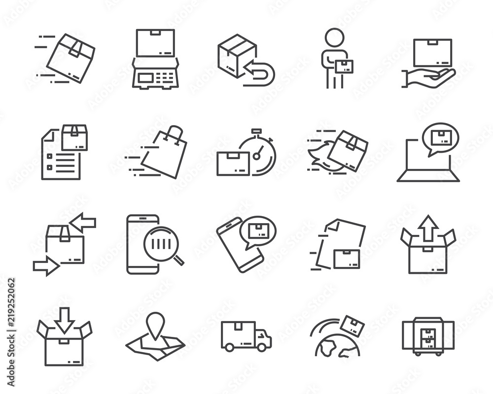 set of sending product icons , such as delivery, mail, service, shipping, transport, box and more