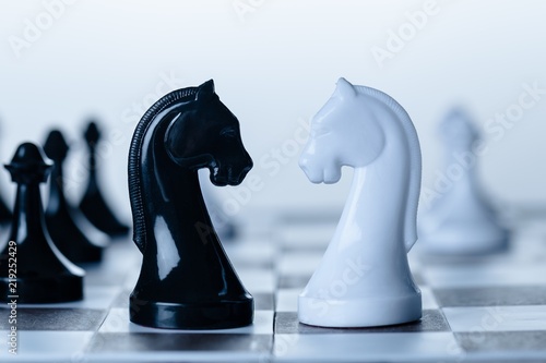 Black and white chess knights face to face