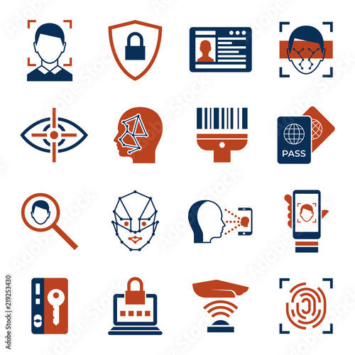 Digital vector facial recognition icons set