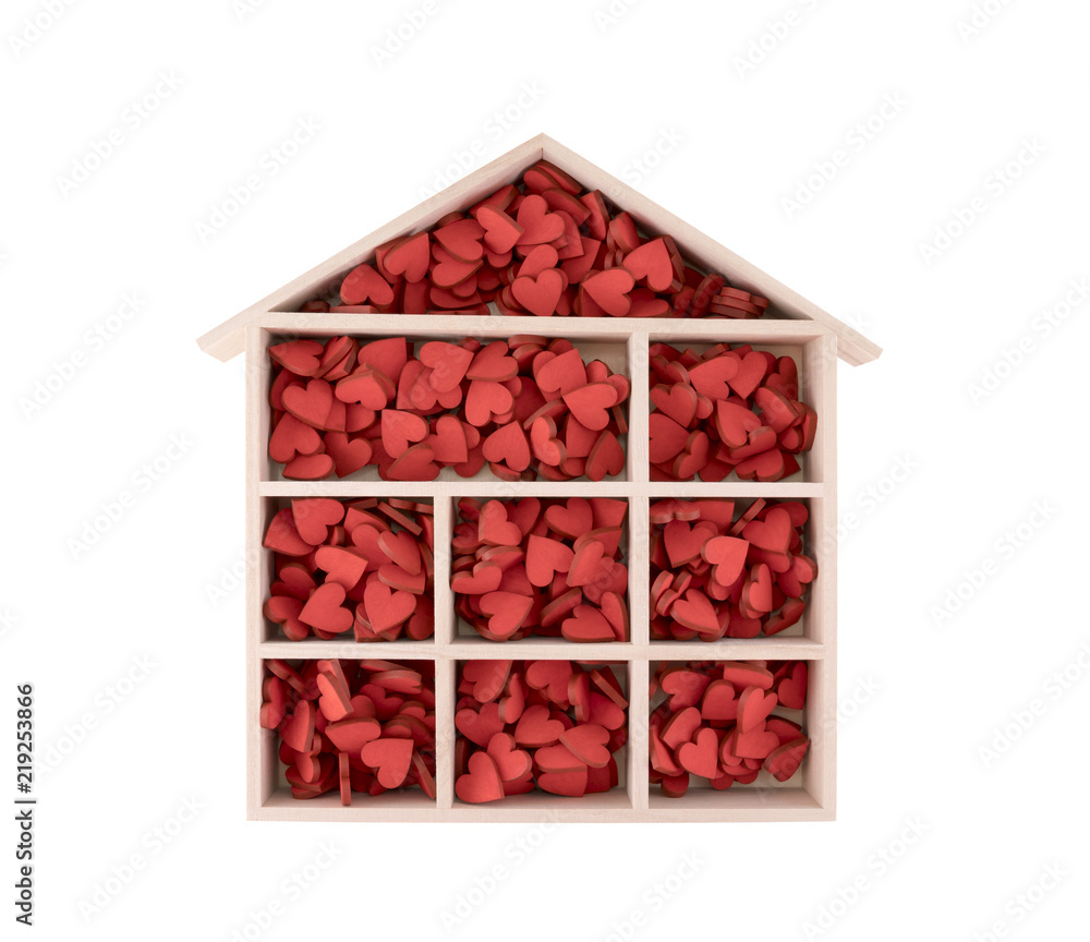 Wooden house with many red hearts isolated on white background 