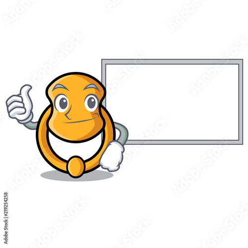 Thumbs up with board door knocker isolated on character cartoon