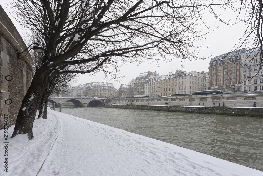 Paris et les quais des seine sous la neige