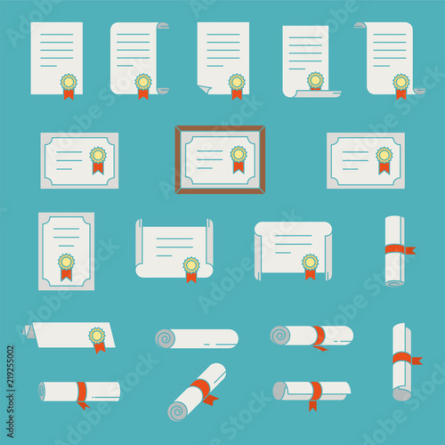 Set of certificate thin line icons. Simple collections scrolls, papers, diploma.