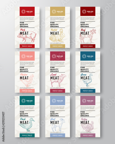 Fine Quality Organic Meat and Poultry Vertical Labels Set. Abstract Vector Packaging Design. Modern Typography and Hand Drawn Pig, Cow and Other Farm Animals Silhouette Background Layouts.