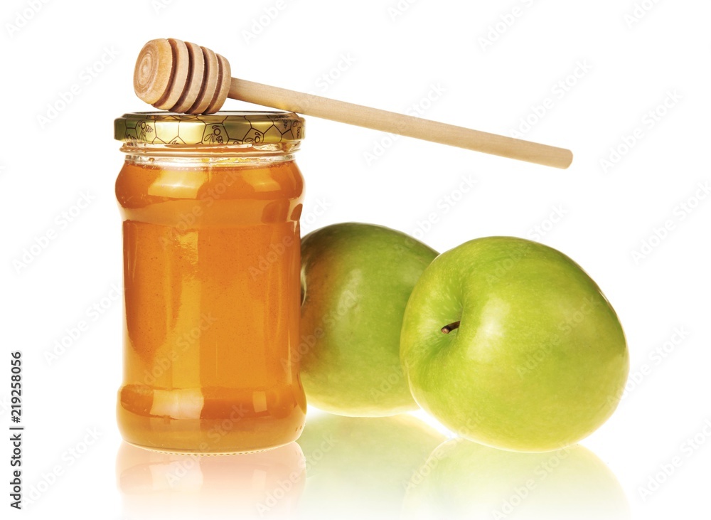 Jar of Honey with Green Apples and Honey Dipper Jar of Honey with Green Apples and Honey Dipper