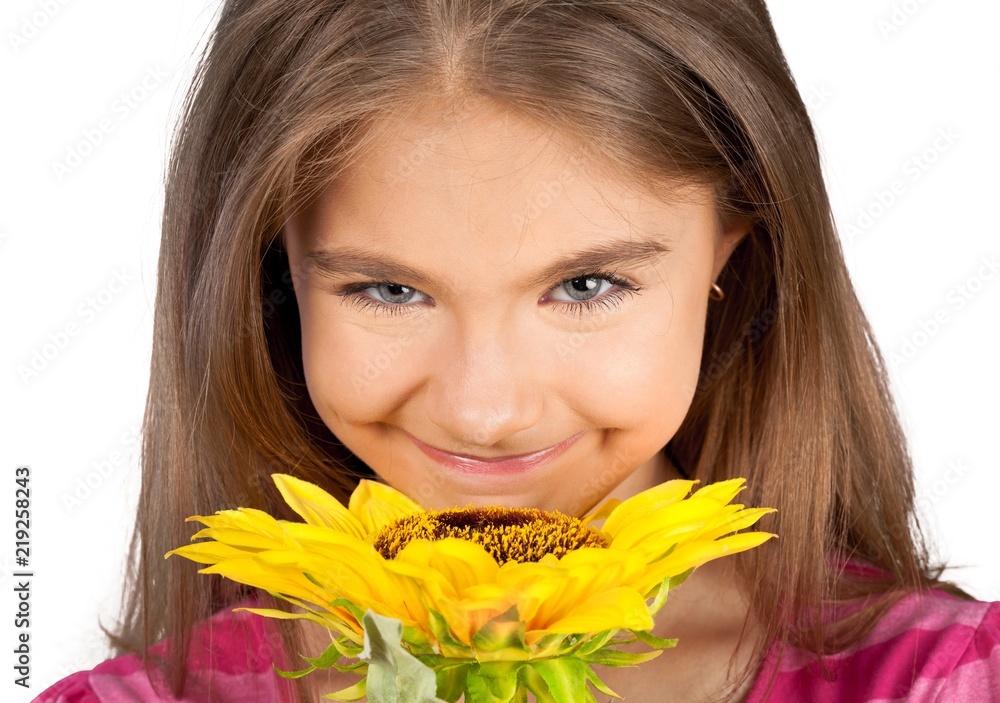 Cute little girl with sunflower on white background Cute little girl with sunflower on white background