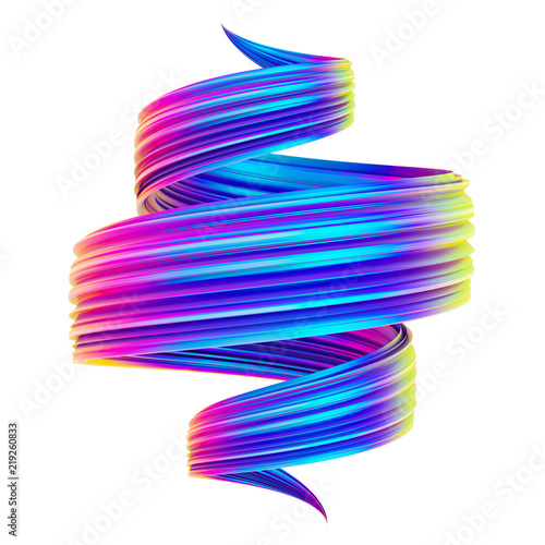 Bright holographic abstract spiral twisted shape 3D brush stroke