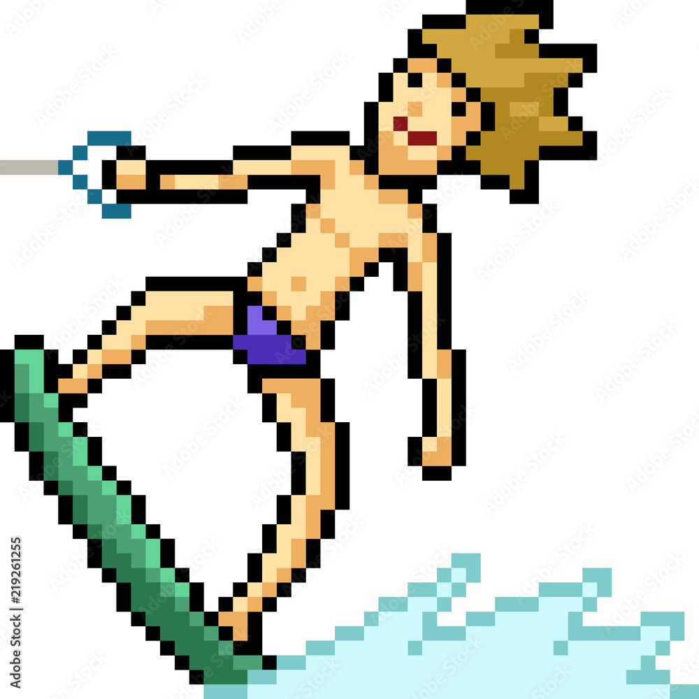 Obraz premium vector pixel art man play surfboard