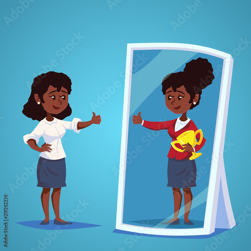 young african, american Businesswomen standing in front of a mirror looking at her reflection and imagine herself successful. Business cartoon vector concept