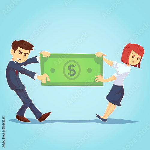 Business team compeition, The quarrel between employees. Concept business vector illustration, Conflict, Flat business cartoon dedign. A couple fights over money pulling on a giant dollar bill
