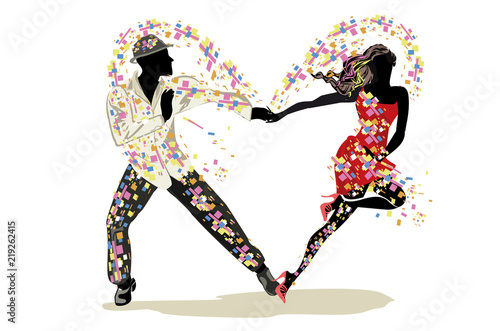 Beautiful romantic couple in passionate Latin American dances. Salsa festival. Hand drawn poster background.