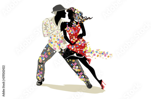 Beautiful romantic couple in passionate Latin American dances. Salsa festival. Hand drawn poster background.