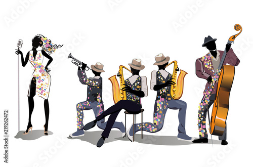  Musicians at the party. Jazz band. Hand drawn vector illustration.