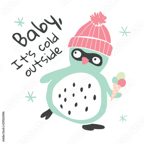 Hand drawn penguin with icecream and lettering
