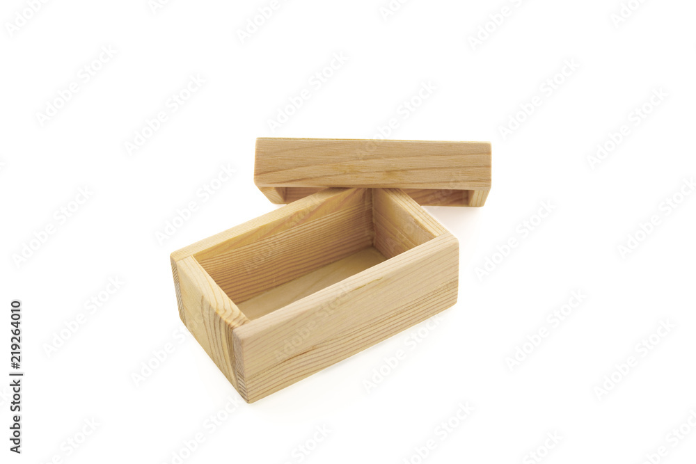 Empty wooden light brown traveling box with open lid isolated on white background Empty wooden light brown traveling box with open lid isolated on white background