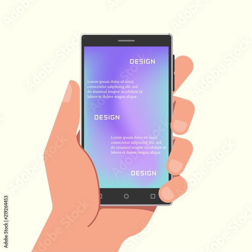 Hand holding phone with gradient mesh wallpapers. Vector illustration.