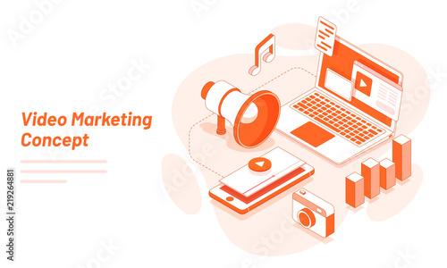 Modern flat design with isometric laptop and smartphone with video play window, media, infographic and marketing equipments for Video marketing concept.