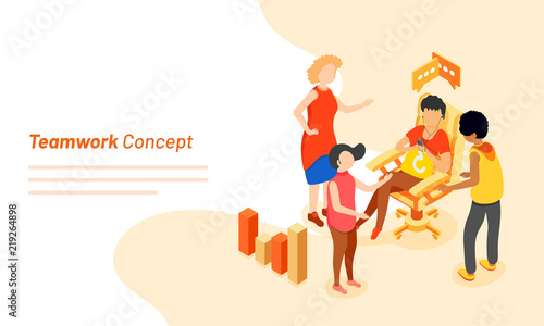 Modern flat design with business people discussing something together. Teamwork concept based landing page design.