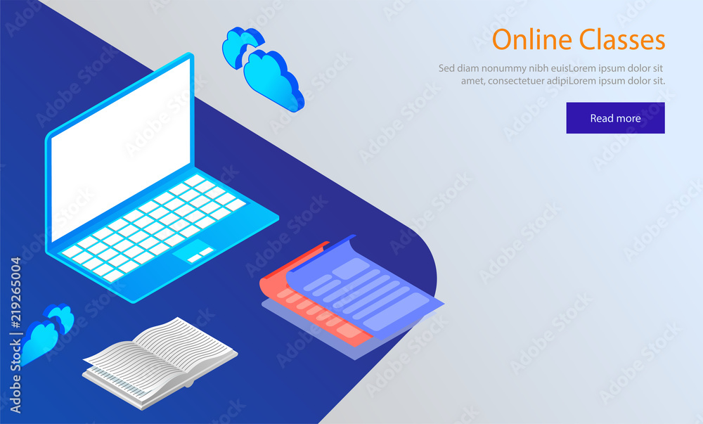 Online Classes concept based web template design, isometric illustration of laptop with book and documents on shiny blue background.