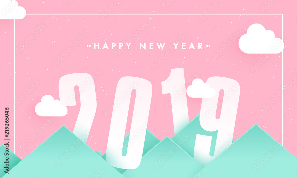 Creative paper cut style 2019 text pink cloudy mountain background for New Year celebration poster banner design. Creative paper cut style 2019 text pink cloudy mountain background for New Year celebration poster banner design.