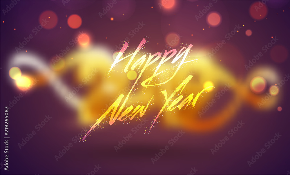 Creative text Happy New Year on purple bokeh background can be used as greeting card design.