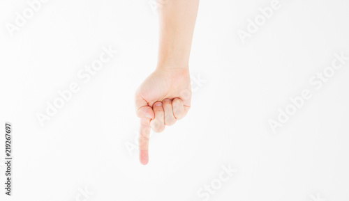 finger point isolated white background. caucasian arm. Mock up. Copy space. Template. Blank.