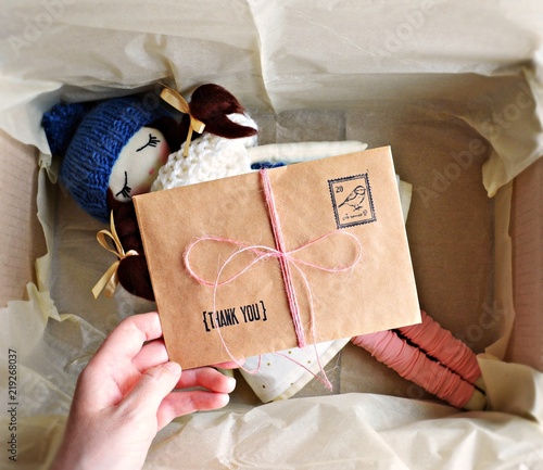 Handmade rag doll package with thank you card