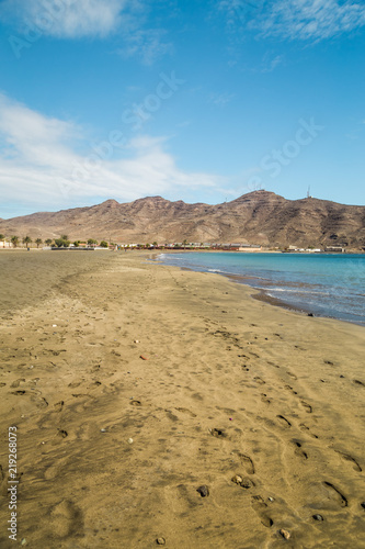 Sandy beach in Gran Tarajal, Fuerteventura, Canary Islands, Spain.