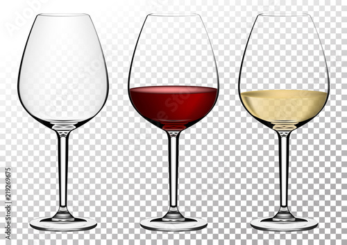 Set transparent vector wine glasses empty, with white and red wine. Vector illustration in photorealistic style.