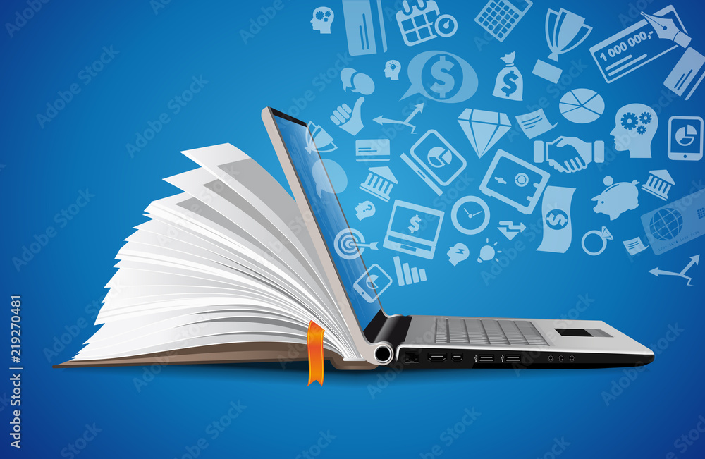 Computer as book knowledge base concept - laptop as elearning idea Computer as book knowledge base concept - laptop as elearning idea