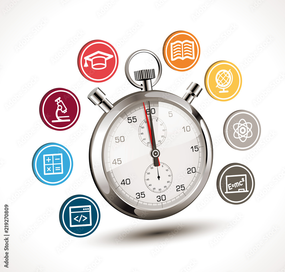 Fototapeta premium Time to learn concept - stopwatch with school symbols - biology, chemistry, physics, mathematics, literature, geography, programming