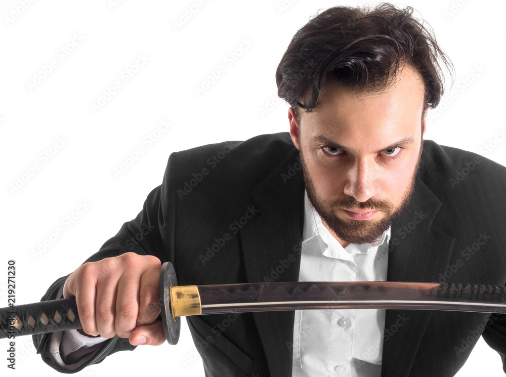 Close-up Of Businessman with Sword Over White Background. Close-up Of Businessman with Sword Over White Background.