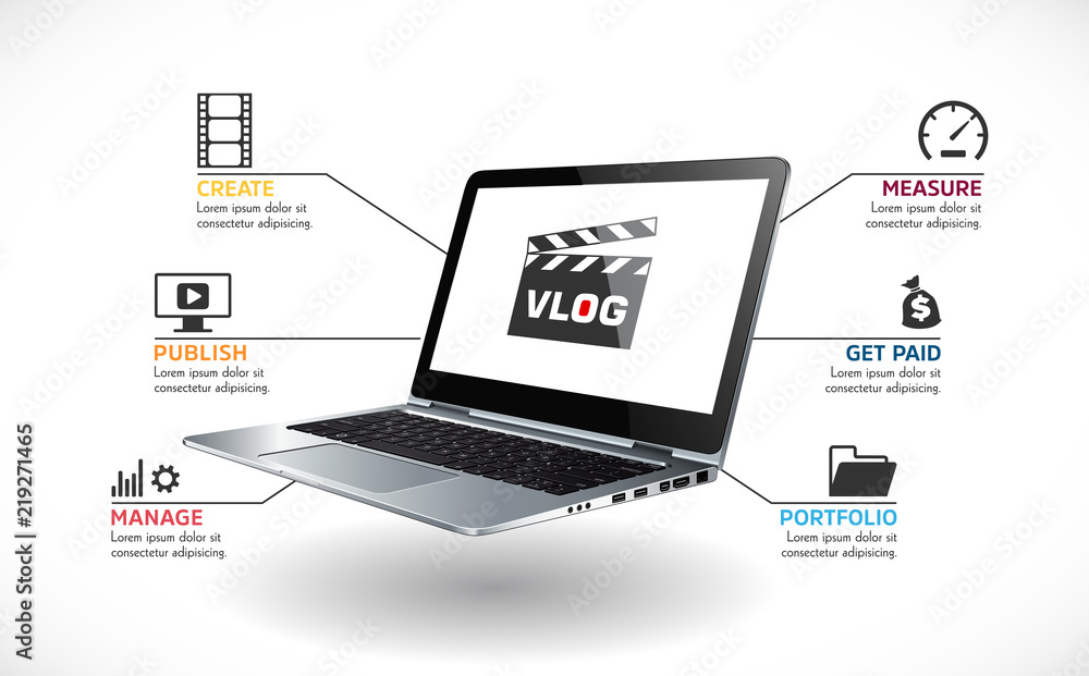 Laptop as video blog concept - vlog recording and publishing Laptop as video blog concept - vlog recording and publishing