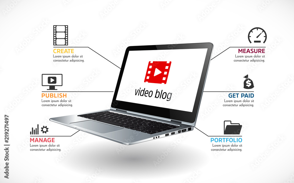 Laptop as video blog concept - vlog recording and publishing Laptop as video blog concept - vlog recording and publishing