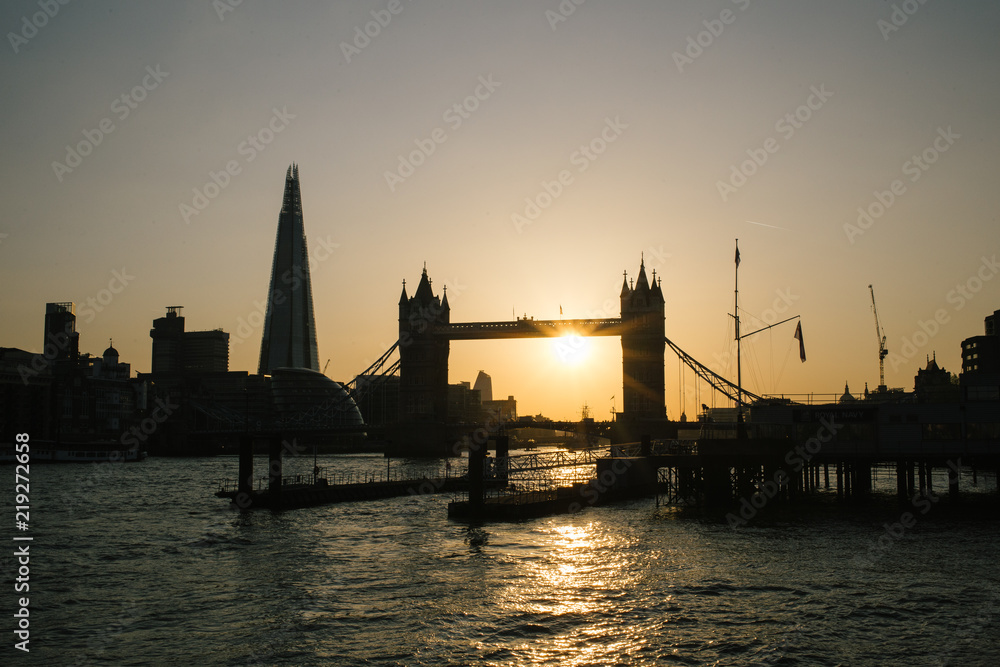 Sunset over the thames, shard, and london bridge,