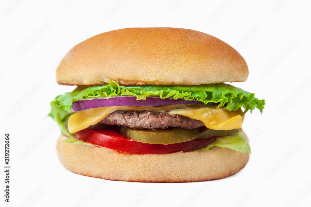 classic burger with cheese isolated at white background classic burger with cheese isolated at white background