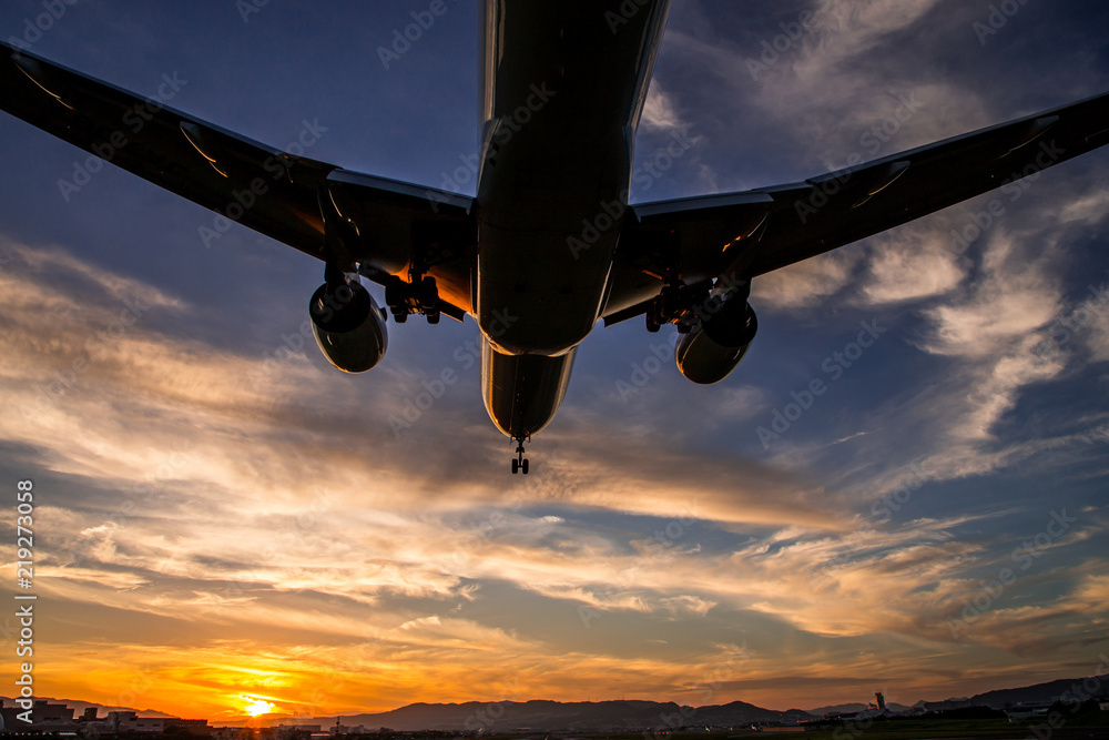 Fototapeta premium 夕焼け空と飛行機