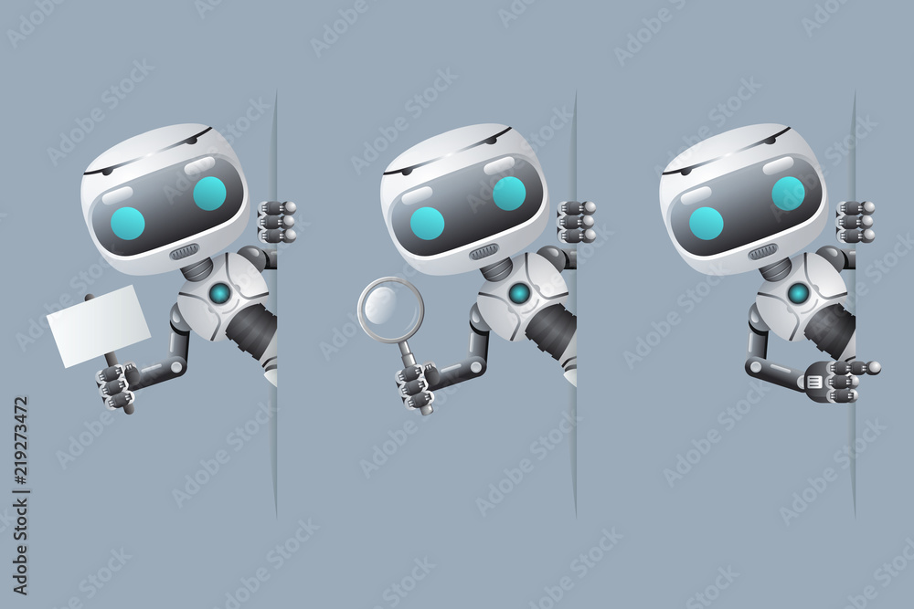Cute robot look out corner poster in hand pointing on banner hold  magnifying glass technology science fiction future little sale 3d design  vector illustration Stock Vector | Adobe Stock