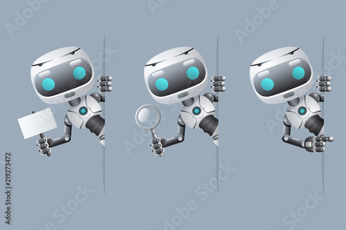 Cute robot look out corner poster in hand pointing on banner hold magnifying glass technology science fiction future little sale 3d design vector illustration