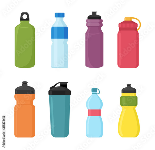 Vector illustration set of bicycle plastic bottle for water in different shaps and colors. Container water bottles for sport. Natural and healthy lifestyle concept, water bottled container liquid in photo