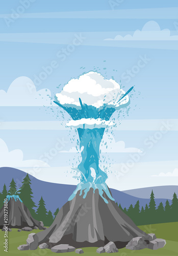 Fototapeta Vector illustration of water geyser and steam erupting from geyser on mountains background